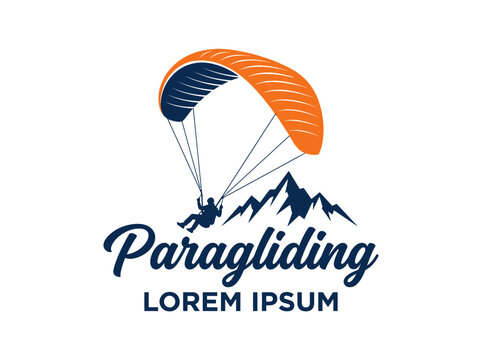 Silhouette of a person paragliding with an orange and blue wing over majestic dark blue mountain peaks, perfect for adventure sport logos.