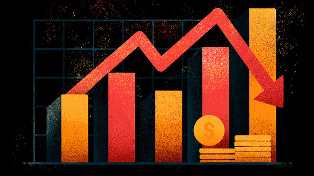 An illustrative graph showing economic fluctuations with declining trends, featuring bars, a downward arrow, and coins symbolizing financial challenges and market dynamics.