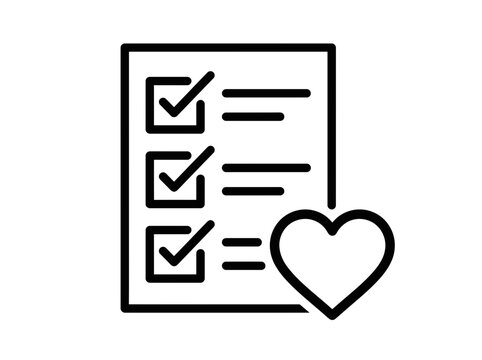 Simple outline checklist with three completed tasks and a large heart icon isolated on a transparent background