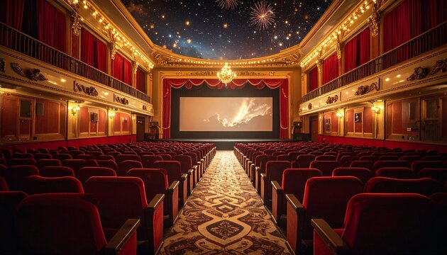 Grand cinema hall with red velvet seats, starry ceiling, and ornate gold accents