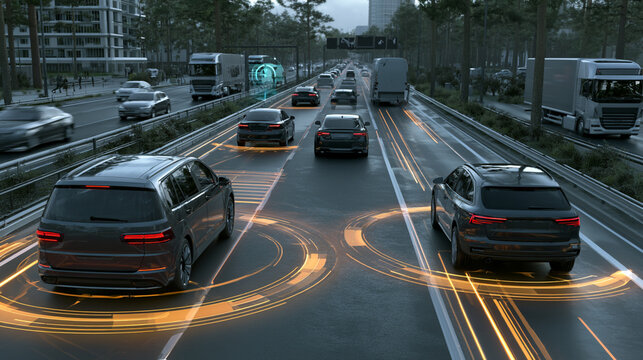 Futuristic scene showing advanced vehicles with digital interface elements navigating a busy urban roadway, highlighting transportation technology and safety features.