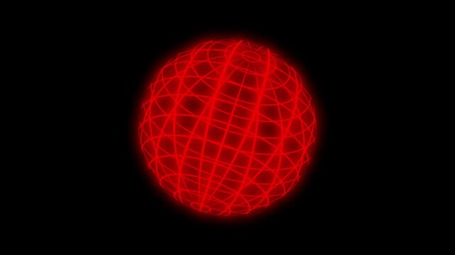 Rotating globe wireframe animation loop on black background. Showing spinning glowing red grid sphere as digital communication network or global connection motion graphics themes.