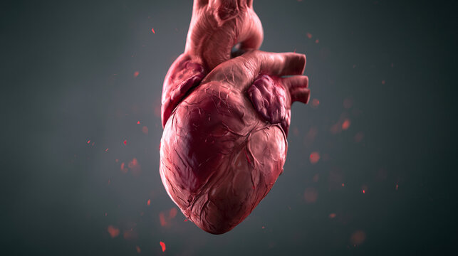 This close-up image captures a realistic human heart, showcasing its intricate details and vibrant textures, highlighting the significance of this vital organ in human anatomy.