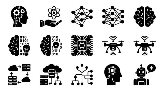 Technology Icons: AI, Brain, Machine Learning, Drones, Robots, Data, Cloud