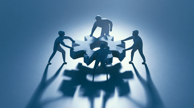 Three figures work together, symbolizing teamwork and collaboration. A shadowy gear representation emphasizes unity and productivity in a corporate environment.