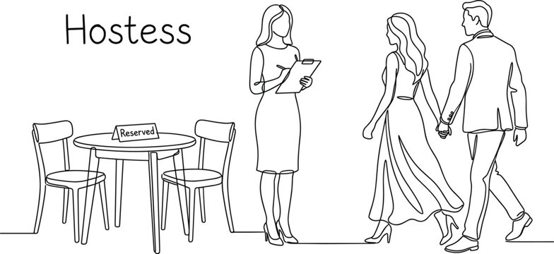 Restaurant hostess welcoming elegant couple to reserved table for fine dining service event hospitality business concept