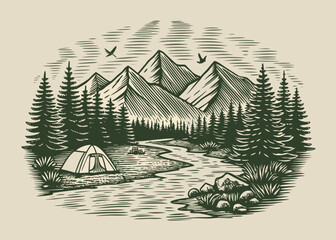Mountain Landscape With Tent And River Engraved Vector Illustration © Bablu