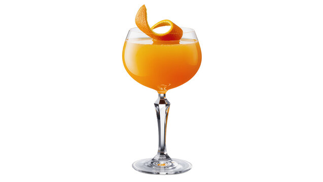 Isolated bright orange cocktail or juice in a chic glass with a twisted fresh orange peel