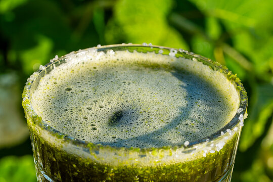 Green detox juice with foam in glass outdoors. Fresh organic green smoothie or healthy vegetable juice with foam in glass closeup on blurred natural background