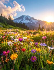 Obraz premium A vibrant field of wildflowers blooms with a snow-capped mountain in the background under a golden sunrise.