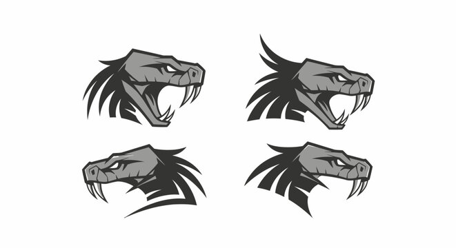 Four Fierce Snake Head Illustrations in Black and White.