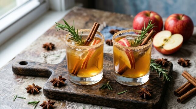 Refreshing autumnal apple cider cocktails garnished with cinnamon sticks and fresh rosemary sprigs served on a rustic wooden board with star anise and red apples for a cozy seasonal holiday drink set.