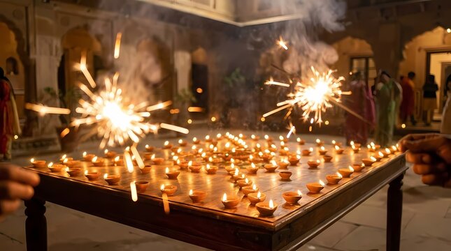 Traditional Diwali festival celebration with lit oil diyas.