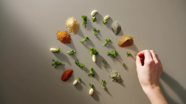 A hand arranges various food items and herbs on a surface from a top view.