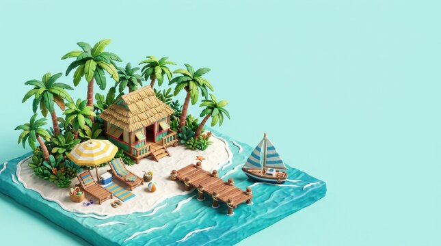 Tropical island with wooden beach bungalow and sailboat