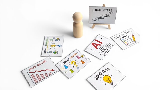 Business strategy and decision making concept with a wooden peg doll, next steps sign, and various workflow cards on a white background.
