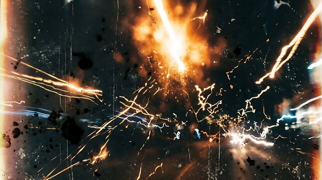Abstract explosion of bright orange and yellow light streaks with a dark gritty textured background and subtle blue highlights suggesting intense energy and motion captured dynamically