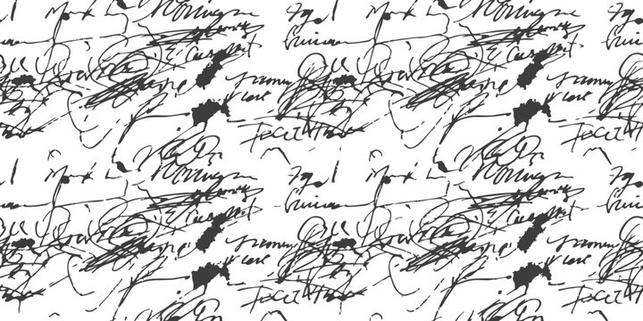 Seamless pattern of messy black handwritten cursive script scribbles on a clean textured paper background