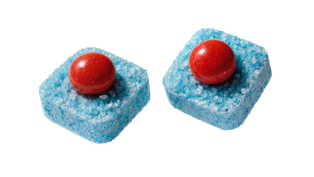 Isolated vibrant blue dishwasher detergent tablets, each topped with a small red active sphere