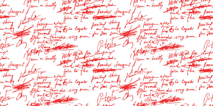 Abstract seamless pattern with messy handwriting text lines in red and black ink for creative digital art