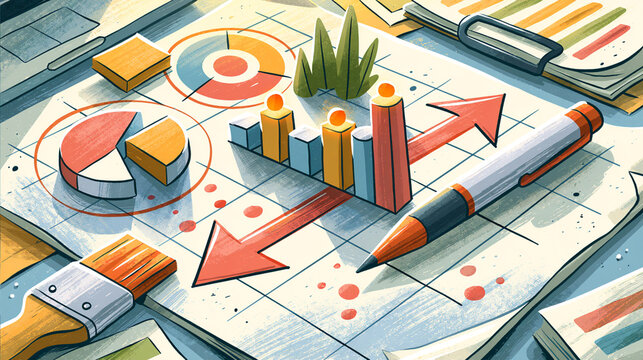 A colorful illustration of business analytics featuring graphs, charts, and directional arrows on a desk. Ideal for presentations, marketing, and financial reports.