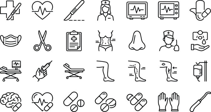 Medical surgery and plastic healthcare line icon set featuring scalpel doctor nurse monitor mask syringe pills and clinic equipment symbols