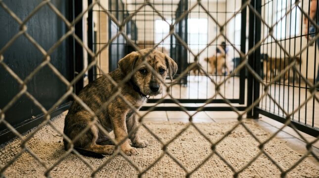 Sad lonely homeless small puppy dog sitting behind a chain-link fence in an animal rescue shelter facility waiting for a loving family and a forever home to start a new life filled with care and hope.