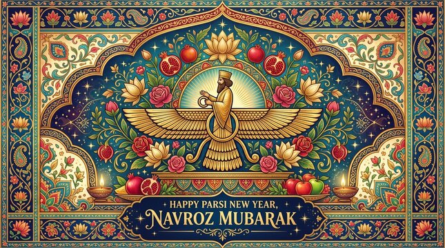 Ornate Faravahar Symbol with Traditional Persian Art for Parsi New Year Navroz Celebration