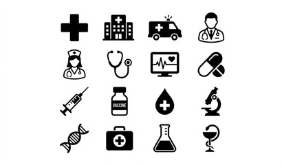 Obraz premium Monochrome medical icon collection with hospital medicine emergency healthcare and laboratory symbols vector illustration