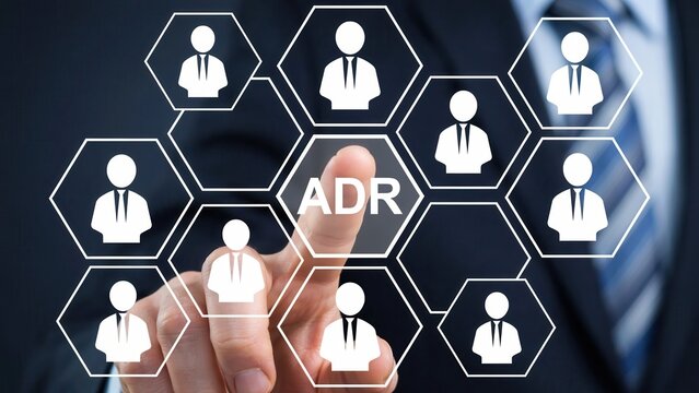 Business person pressing adr button on virtual screen