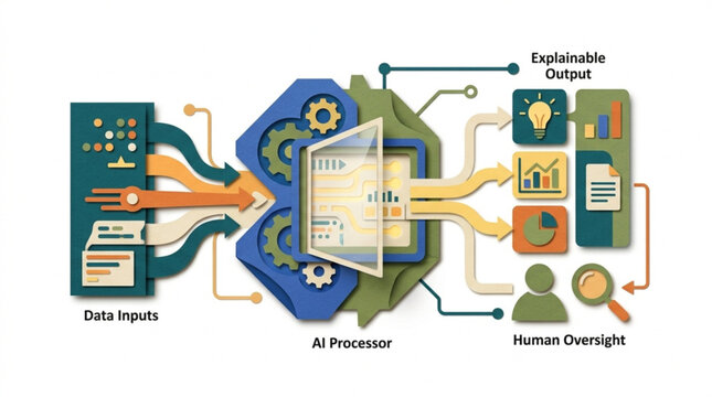 Diagram of artificial intelligence process showing data inputs AI processor and human oversight with colorful icons and flow lines