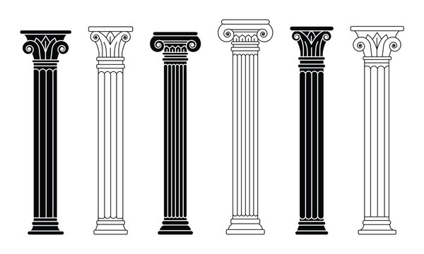 Ancient architecture pillars vector illustration. Ancient Greek column icon. Out line icon of  template, black logo element, law justice logo, architecture logo. Vector illustration.