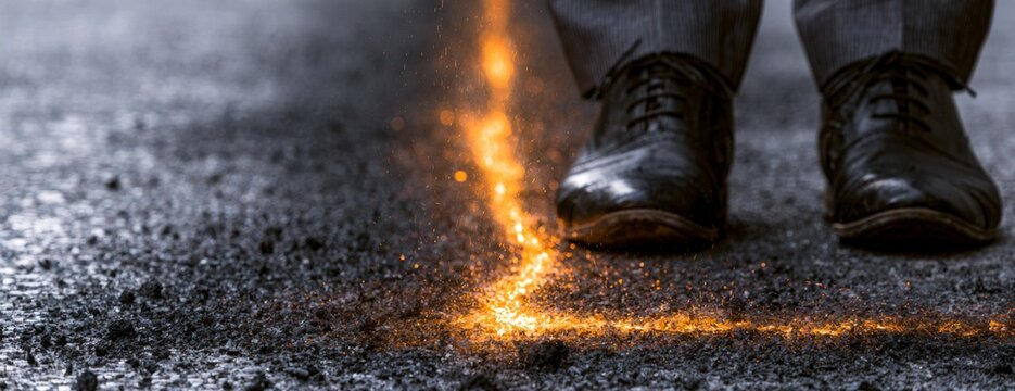 Man's feet standing on asphalt line with sparks and motion effect, burnout concept