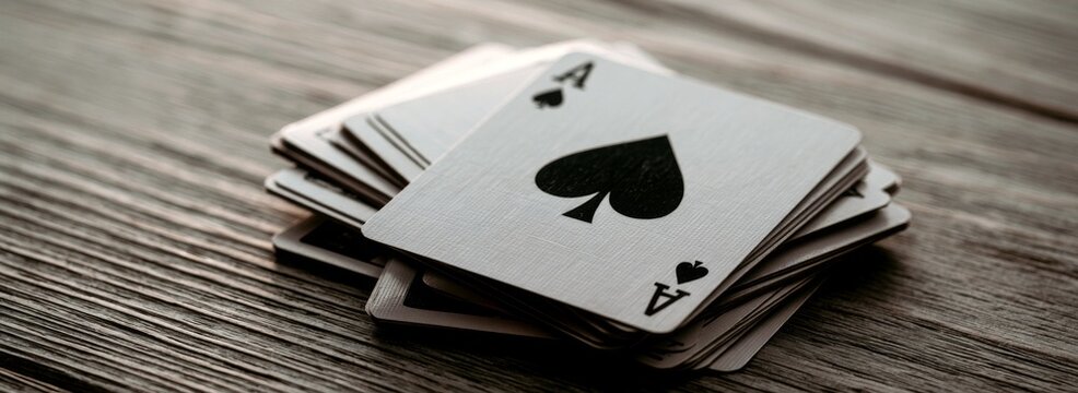 Playing cards with spade symbol on wooden table surface  