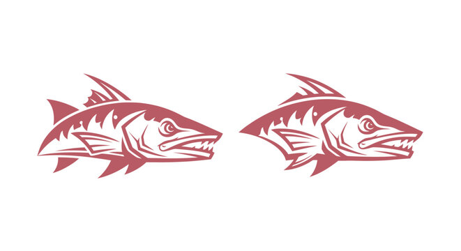Two stylized fish heads in red outline design.