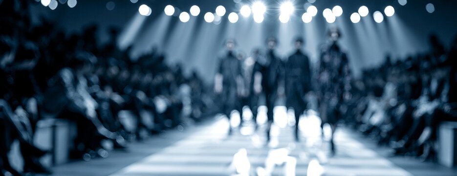 Blurred fashion runway show with models walking in spotlight  