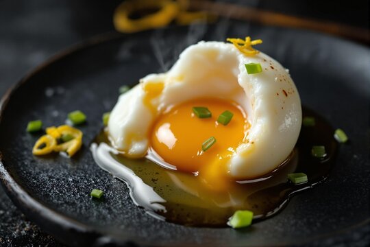 Close-up of perfectly soft-boiled onsen tamago egg with creamy yolk on dark slate plate with soy broth