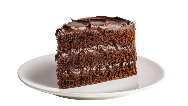 Isolated delicious rich chocolate fudge cake slice with creamy frosting on a white ceramic plate