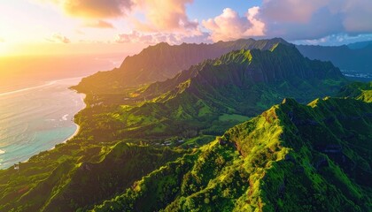 Fototapeta premium Lush green mountains meet the ocean at sunset.