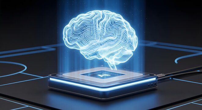 A glowing blue holographic brain hovering above a high-tech computer processor.