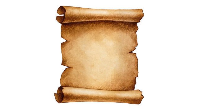 Isolated blank old parchment scroll with torn edges, empty antique paper document for text.