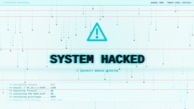 Dramatic cyber attack screen displaying a bright blue SYSTEM HACKED warning with a security breach glitch effect, warning triangle, and terminal code text on a blue matrix background