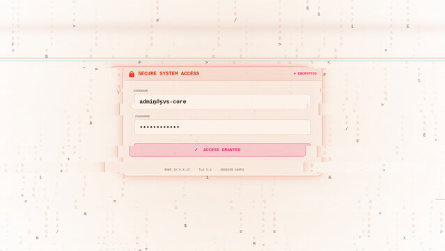 Futuristic red login interface displaying secure system access, admin authentication, and a loading bar against a digital binary code matrix background, Hacking mode