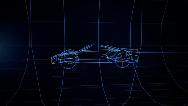 Blue glowing wireframe 3D model of a supercar speeding through a futuristic grid tunnel, Side view