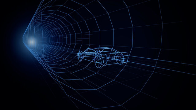Blue glowing wireframe 3D model of a supercar speeding through a futuristic grid tunnel