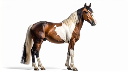Naklejka premium Glossy brown‑and‑white horse with flowing mane standing proudly on clean white background.