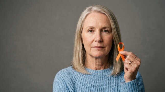 Serious senior woman holding orange awareness ribbon for leukemia or kidney cancer support against gray background, symbolizing hope, strength, and health advocacy for patients and survivors