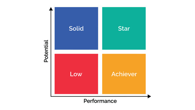 Business performance potential matrix, four quadrant talent management grid, strategic analysis chart with solid star low and achiever categories