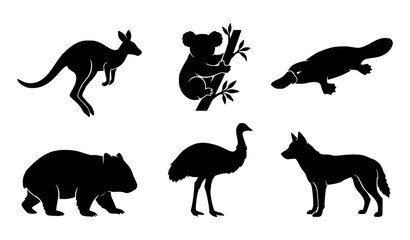 Fototapeta premium Australian animal silhouettes vector set with kangaroo koala platypus and wildlife icons