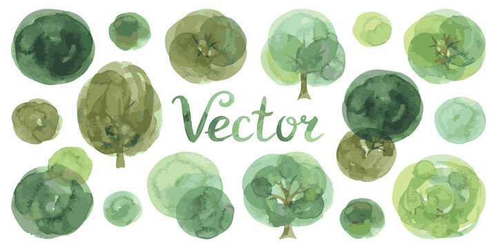 Set of green watercolor trees painted by hand in a simple artistic style for landscape design and map icons